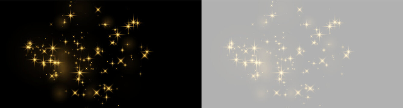 Cluster of golden glowing star-shaped light effects scattered on black background on transparent background