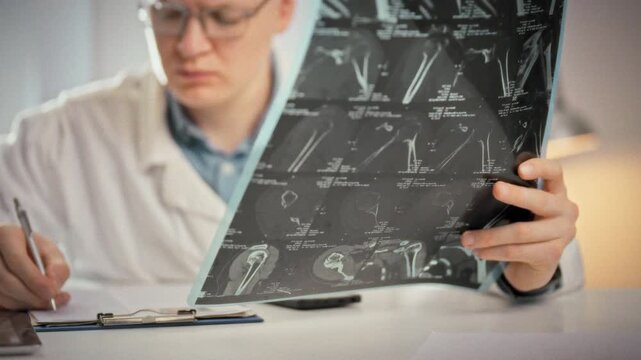 A doctor scrutinizes a multi-slice MRI film, noting fracture details in the patient's medical chart. In the bright, modern office, this precise documentation drives the treatment plan