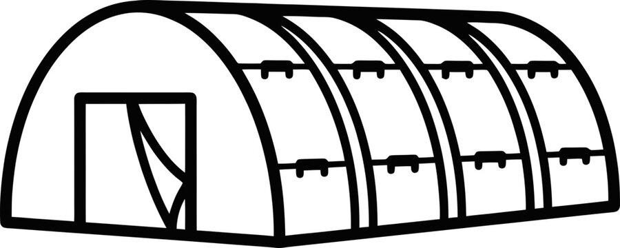 Black Line Icon of a Quonset Hut Style Camping Tent With Arch Shape and Horizontal Seams on White Background