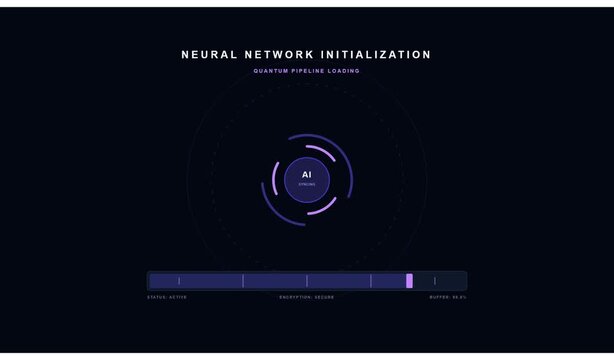 Futuristic ai synchronization interface displaying neural network loading progress animation.