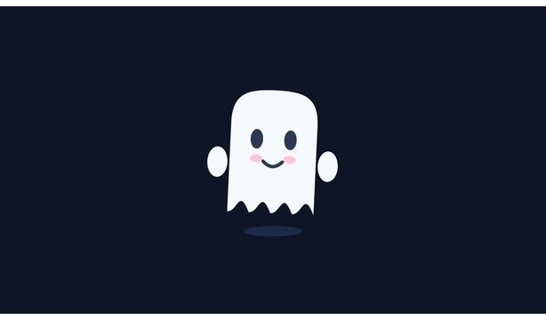 Cute ghost character animation, happy and playful, in a dark background with sparkles.