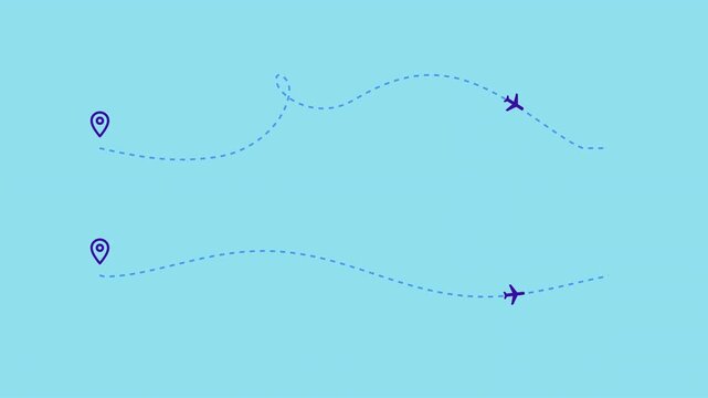 Animated airplane flight path, travel route map, blue plane line path icons
