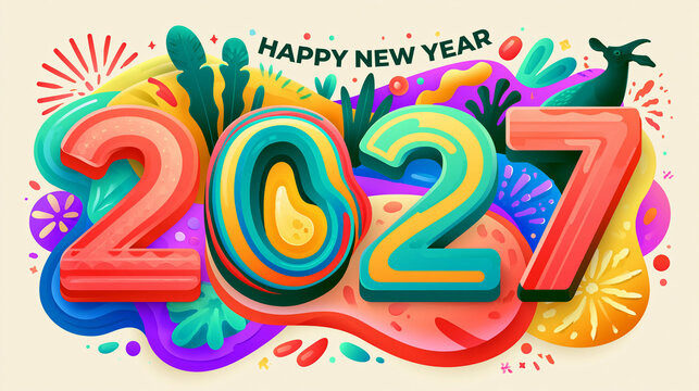 Colorful 2027 text with vibrant abstract shapes. Ideal for holiday greeting cards and festive banner designs.