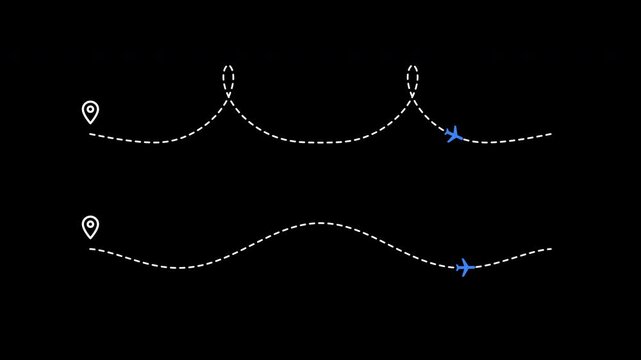 Airplane flight line path animation, travel route map, blue plane icon