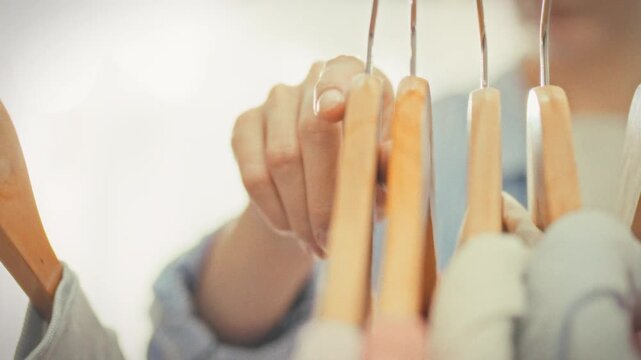 A girl selects items on wooden hangers in a clothing store during a sale. Concept of seasonal discounts and smart shopping in a retail clothing store