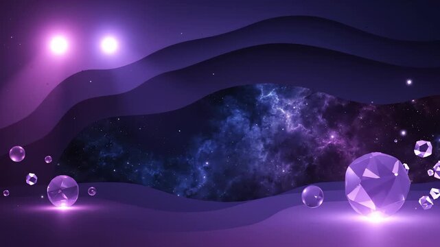 Abstract Purple Space Background With Floating Geometric Crystals and Glowing Spheres