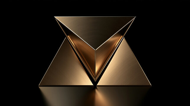 Gold metallic triangles arranged on a reflective black background. Abstract concept for premium branding design.