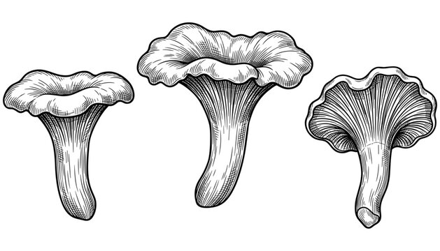 Chanterelle Mushroom Ink Sketch Vector Set Featuring Wild Edible Cantharellus Cibarius Fungi With Detailed Underside Gills Illustration