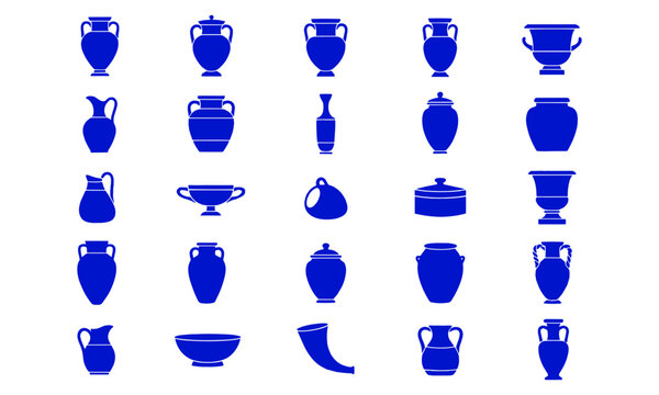 Collection of blue silhouette ancient pottery and amphorae icons on a white background with ceramics historical archaeology classical elements illustration silhouette collection