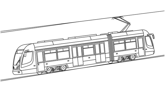 Modern Articulated City Tram Vector Line Art Featuring Low Floor Light Rail Vehicle Under Overhead Electric Catenary Power Wire Sketch