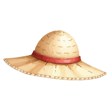 Watercolor straw sun hat with red ribbon summer gardening beach vector illustration