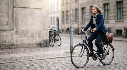 Fototapeta premium Femme senior active se rendant au travail à vélo en ville