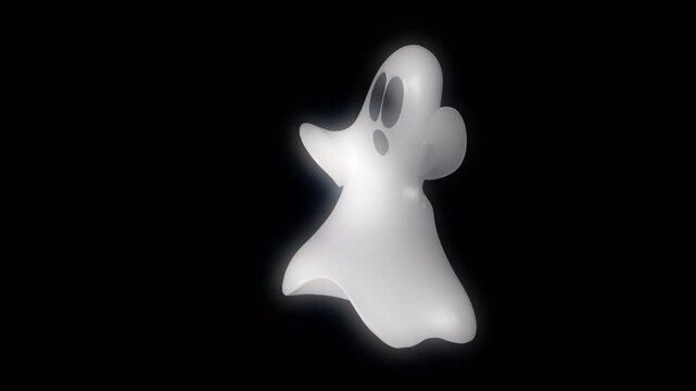 Animated white ghost character dancing on black background with glowing ethereal effect. Spooky spirit figure moving rhythmically for Halloween party celebration. Alpha channel.