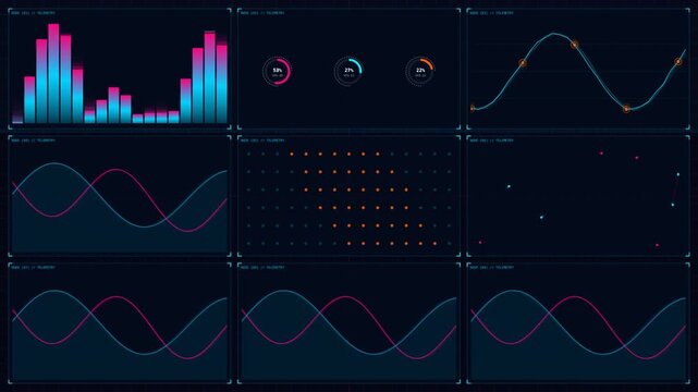 Abstract data visualization with pulsing bar graphs and sine waves in dark digital space