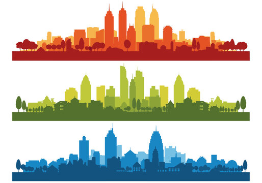 Colorful cityscape silhouettes depicting urban skyline landscapes in three colors with real estate cityscape silhouette landscape buildings architecture