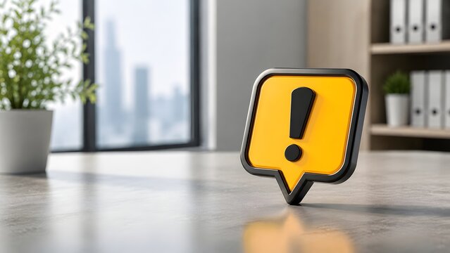 Yellow speech bubble with exclamation mark on desk. Concept of customer service feedback and communication alert.