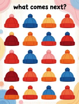 Children logic game worksheet prompts to continue pattern with colorful knit hats. Educational task involves sorting hats by color and sequence. Fun preschool learning activity.