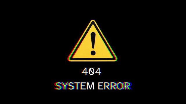 404 System Error Alert with Glitch Effect and Warning Symbol, Digital Problem and Technical Glitch