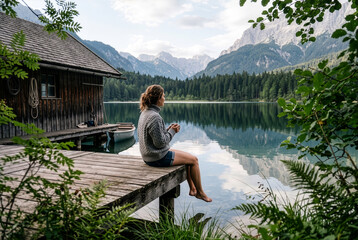 Fototapeta premium Serene Alpine Morning at a Wooden Lake Boathouse