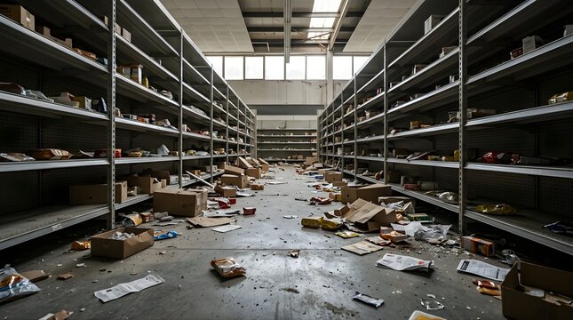 Empty warehouse aisle with messy cardboard boxes and scattered supplies