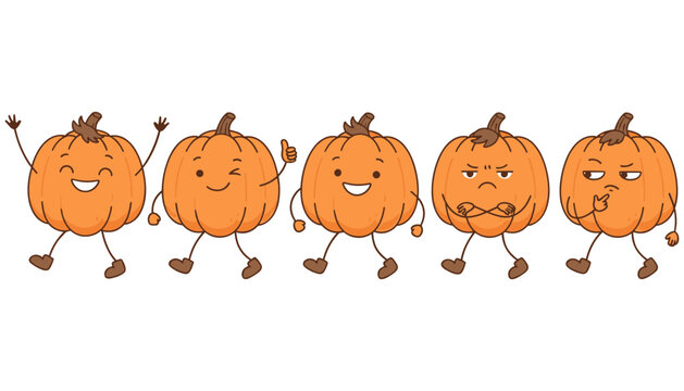 Cute Pumpkin Cartoon Characters Emoji Vector Set Featuring Five Orange Gourd Mascots Displaying Different Happy Angry And Thoughtful Expressions