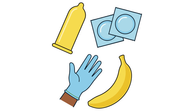 Safe Sex Conception Graphic Set Featuring Latex Condom Sealed Wrapper Packs Medical Protective Glove And Banana Illustration