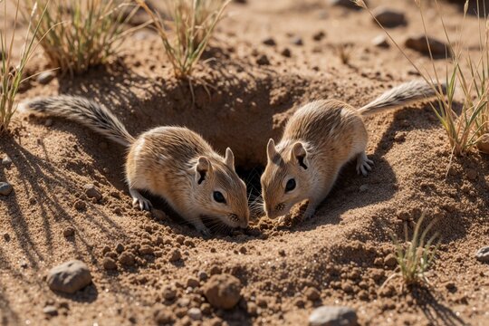 Two small desert gerbils forage for food near underground burrow in sandy soil. Wild rodents search for seeds on dry ground under warm sunlight. Tiny desert animals explore habitat near hole in arid