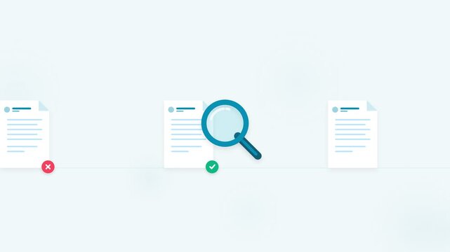 Magnifying glass inspecting document files with checkmark validation icons