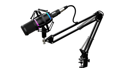 Black condenser microphone with RGB lighting on adjustable boom arm, isolated on transparent background © Sorin