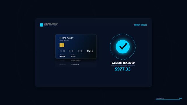 Digital payment processing interface with credit card and success confirmation