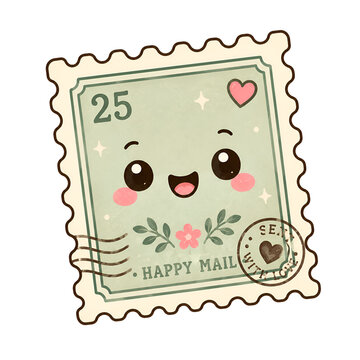  Cute postage stamp character with smiling face happy mail text vector illustration isolated on white background
