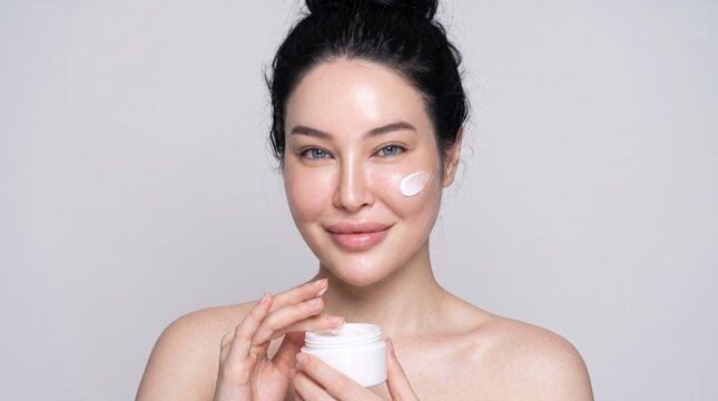 Woman applying skincare moisturizer with fresh radiant complexion against neutral background for beauty product advertisement