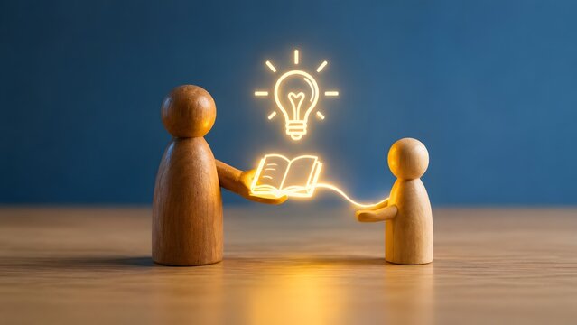 Knowledge transfer concept with a wooden figure passing a glowing educational book to a younger student