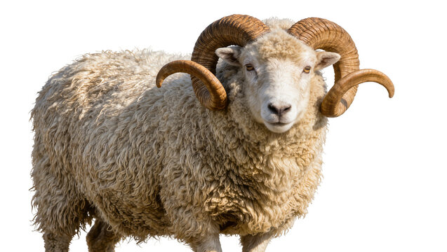 Majestic ram with large curved horns fluffy wool, isolated on transparent background