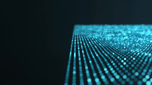 Abstract Blue Digital Data Grid With Glowing Particles Moving in Wave Motion