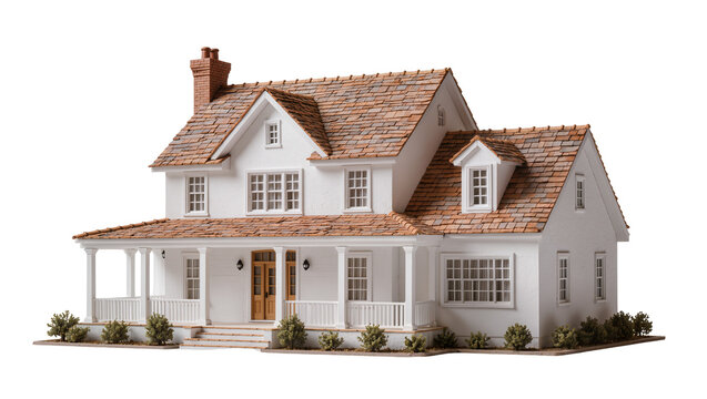 Detailed white farmhouse with red tiled roof and porch, isolated on transparent background
