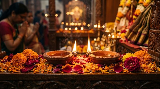 Ashtami Puja, close-up of burning oil lamps and flower offerings, blurred Durga idol in background