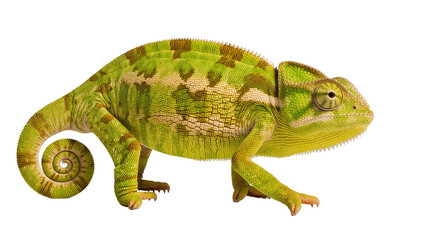 Green chameleon with brown markings coiled tail, isolated on transparent background © Aliona