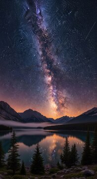 starry night sky over tranquil mountain lake