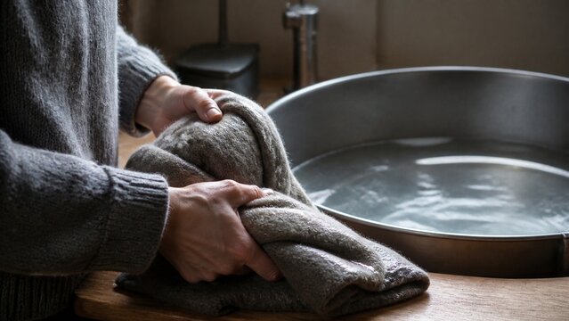 Close up shot of hands kneading fresh dough on a wooden surface, preparing ingredients for baking goods, artisanal food making process, rustic kitchen setting