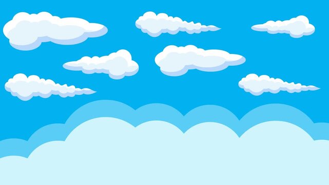 Blue Sky with White Cumulus Clouds in Anime Style, Seamless Loop Animation, Cartoon Background Motion Graphics
