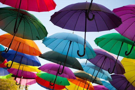Overhead rows of colorful umbrellas against a clear sky, vibrant decorative display, creative background, summer festival.