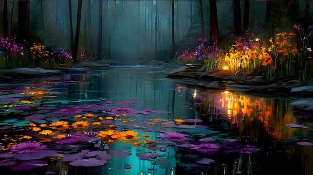 Vibrant flowers floating on serene pond in forest at dusk