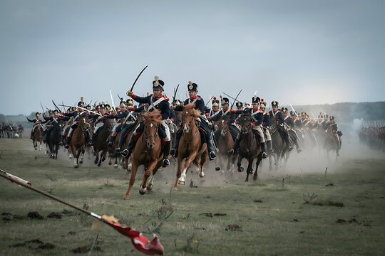 Historical Cavalry Squadron Galloping Forward on Field of Battle