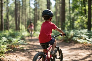 Fototapeta premium Child cycling on a woodland path with adult ahead for outdoor recreation background and family adventure banner