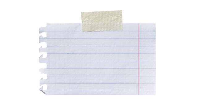 Torn lined paper note with tape, isolated on transparent background