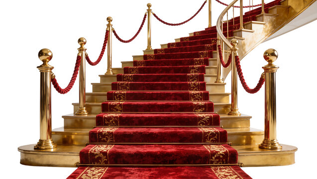 Grand red carpeted staircase with golden stanchions and ropes, isolated on transparent background