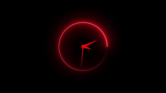 Futuristic red and blue neon glowing clock animation on black background, concept of time, deadline, and countdown