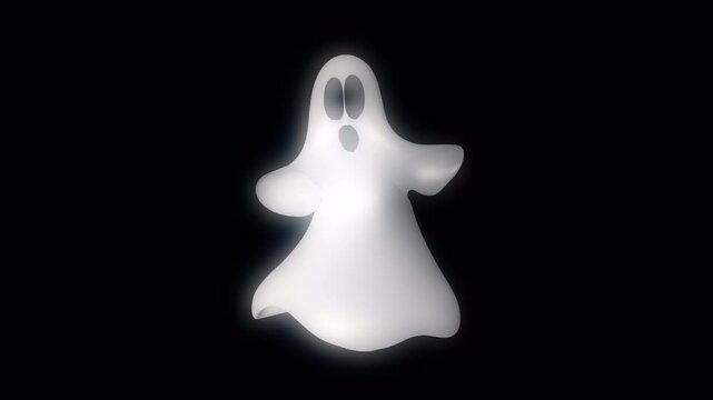 Animated white ghost character dancing on black background with glowing ethereal effect. Spooky spirit figure moving rhythmically for Halloween party celebration. Alpha channel.