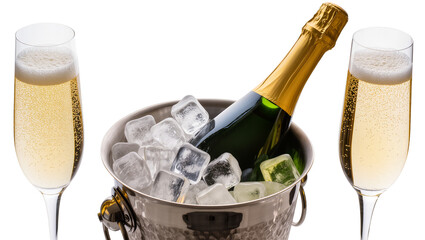 Champagne bottle in ice bucket with two flutes of bubbly champagne, isolated on transparent background © Sorin